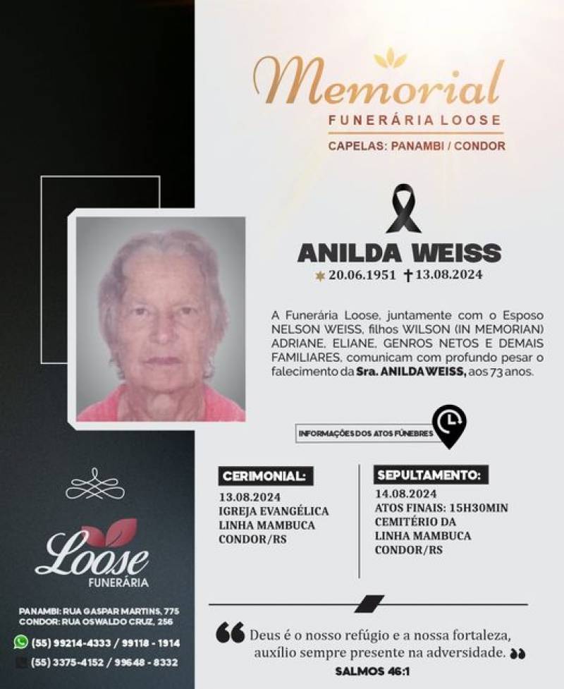 Funerária Loose comunica falecimento em Condor