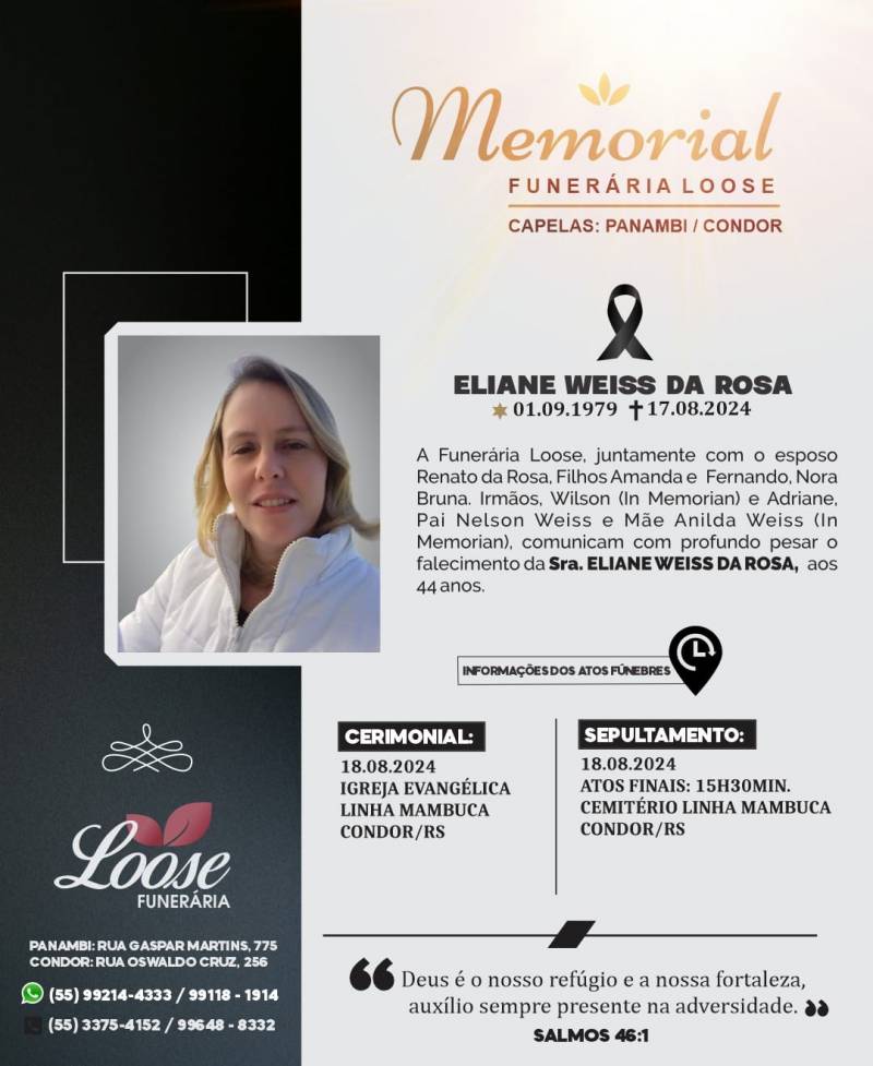 Funerária Loose comunica falecimento em Condor