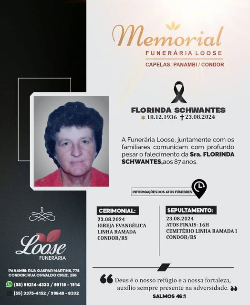 Funerária Loose comunica falecimento em Condor