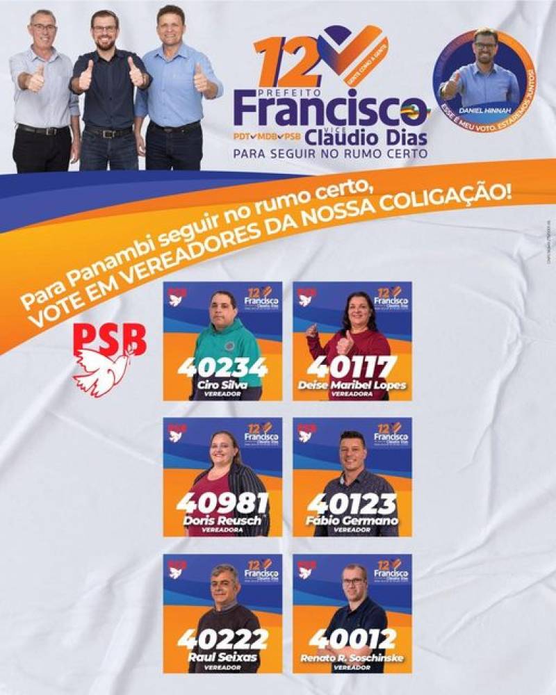 O Partido Socialista  Brasileiro (PSB) em Panambi, apresenta seus 06 candidatos a vereadores