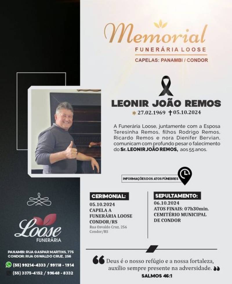 Funerária Loose comunica falecimento em Condor