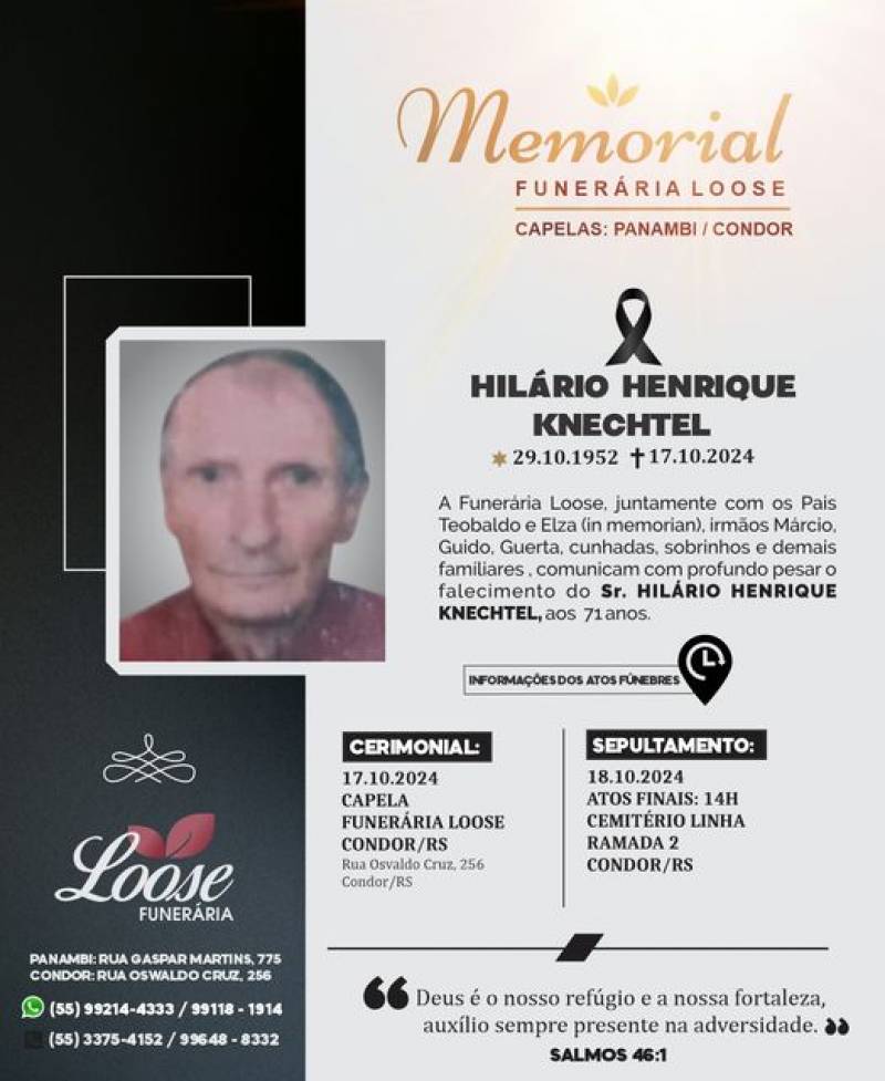 Funerária Loose comunica falecimento em Condor