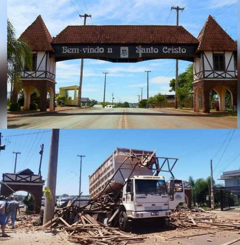 Caminhão bascula caçamba e derruba Pórtico na cidade de Santo Cristo