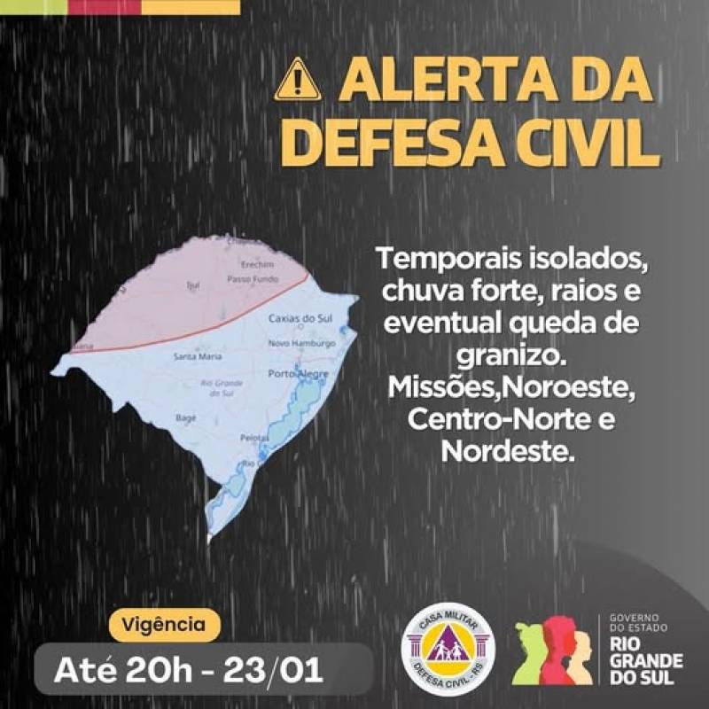 Defesa Civil alerta para  temporais isolados, com chuva forte, raios e eventual queda de granizo