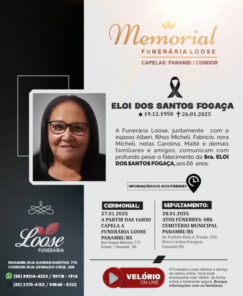 Funerária Loose comunica falecimento em Panambi