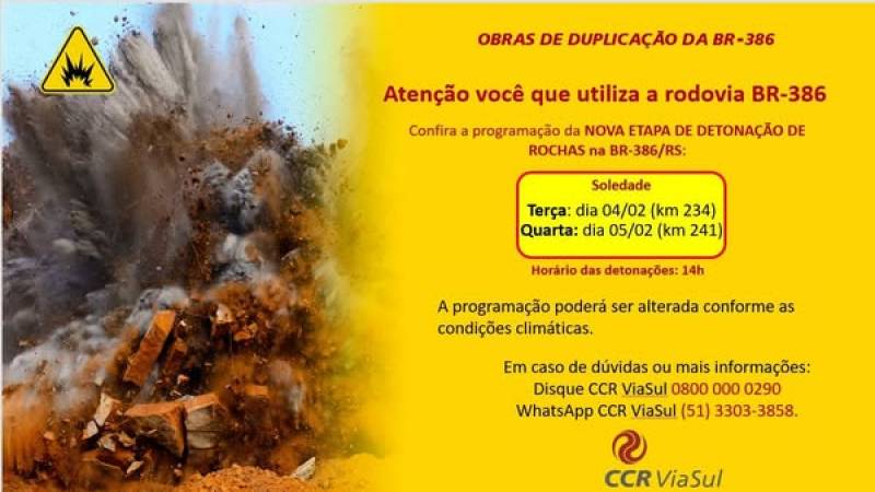 Programação semanal de detonações de rocha na BR-386/RS