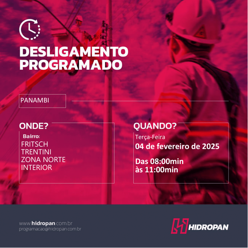 Aviso de Desligamento Programado - 04/02/25 - 08:00 / 11:00 em Panambi