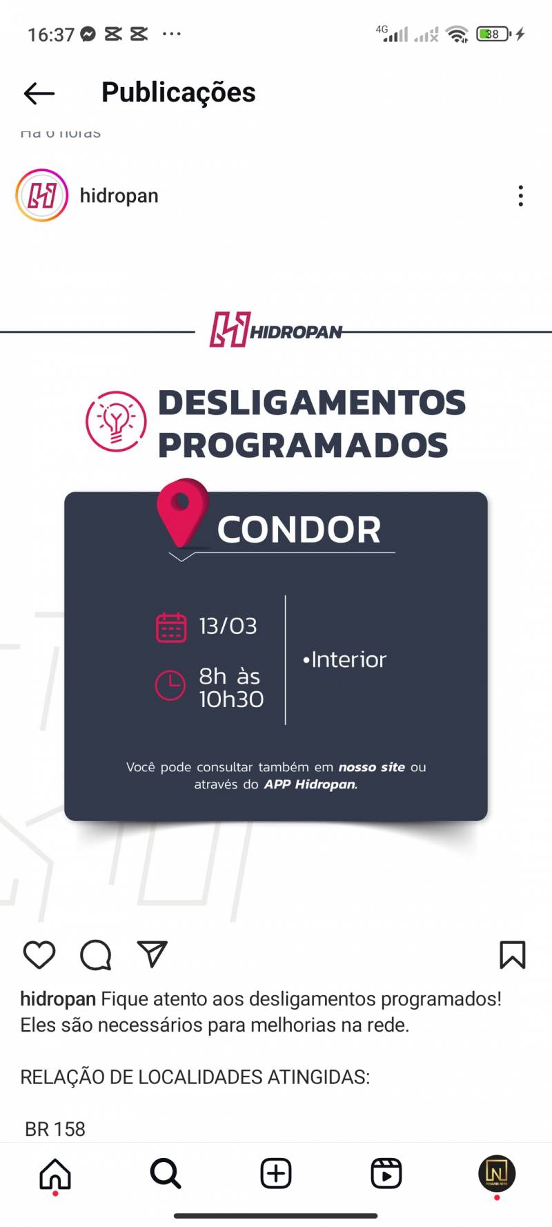 AVISO DE DESLIGAMENTO PROGRAMADO EM CONDOR  - 13/03/25 - 08:00 / 10:30