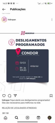 AVISO DE DESLIGAMENTO PROGRAMADO EM CONDOR  - 13/03/25 - 08:00 / 10:30