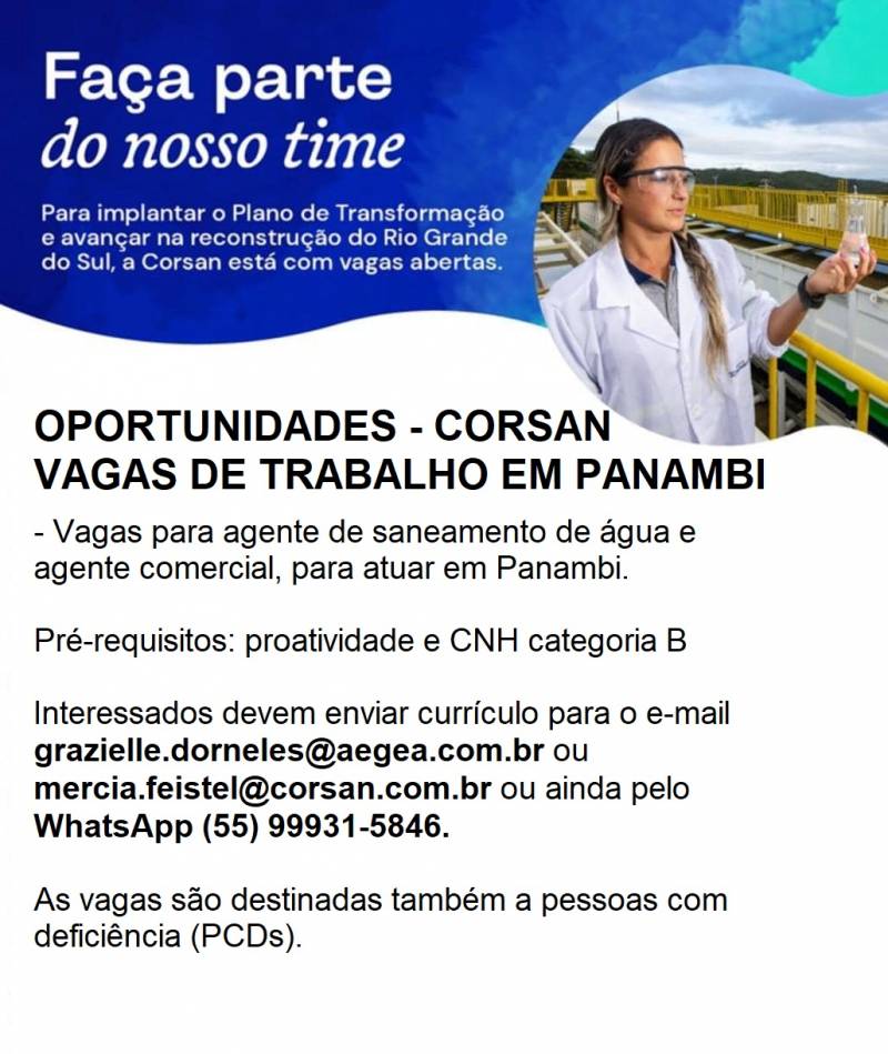 OPORTUNIDADES - CORSAN  VAGAS DE TRABALHO EM PANAMBI