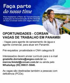 OPORTUNIDADES - CORSAN  VAGAS DE TRABALHO EM PANAMBI