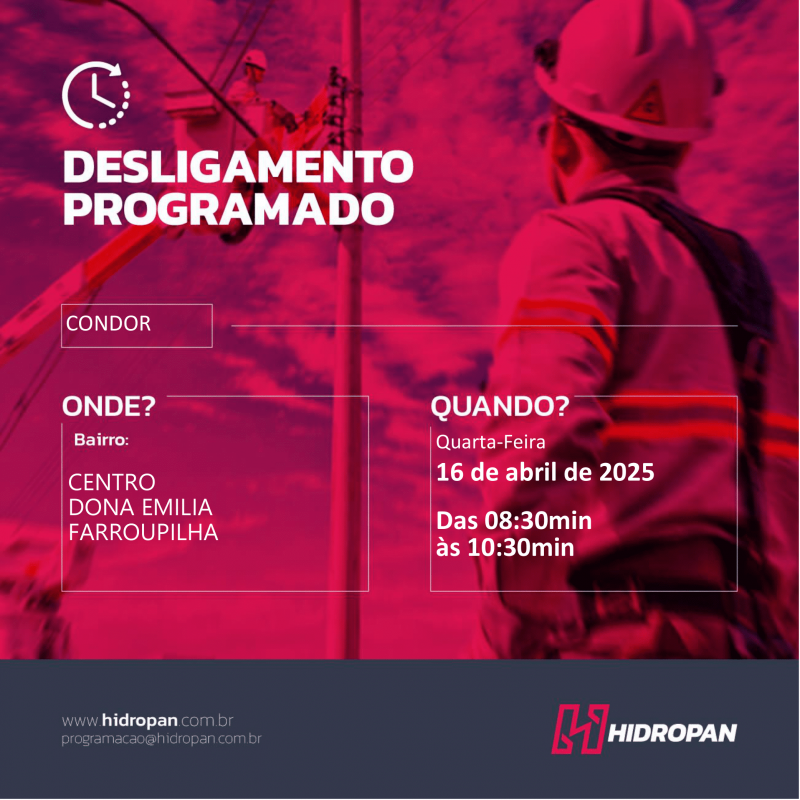 HIDROPAN - Aviso de Desligamento Programado em Condor- 16/04/25 - 08:30 / 10:30