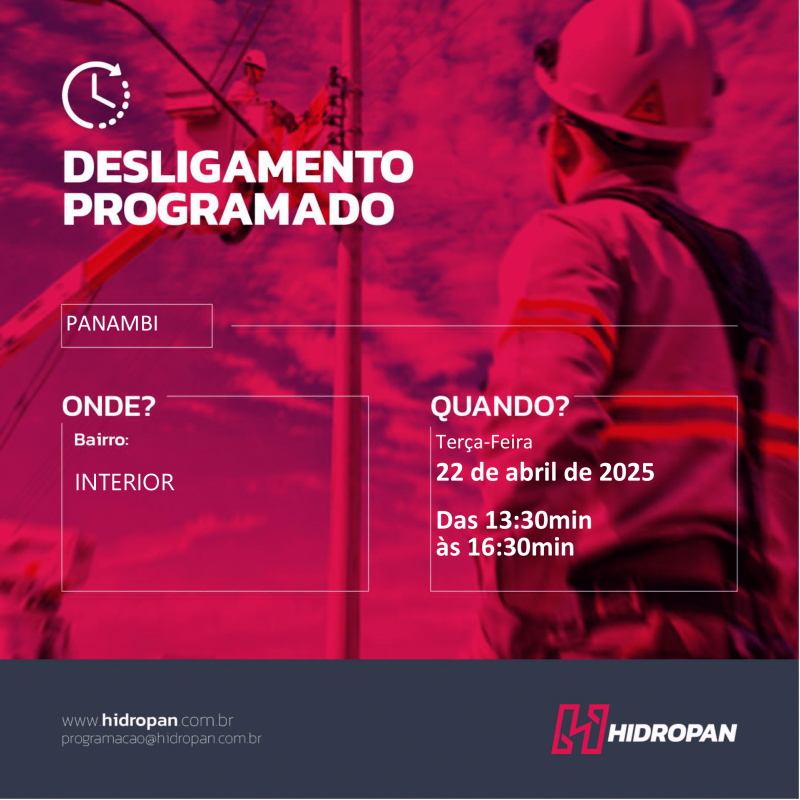 HIDROPAN - Aviso de Desligamento Programado  em Panambi- 22/04/25 - 13:30 / 16:30