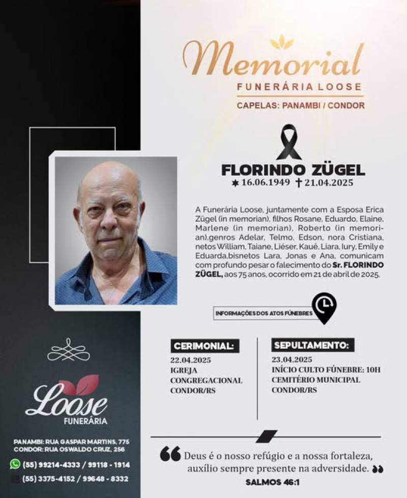 Funerária Loose comunica falecimento em Condor