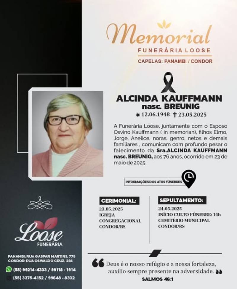Funerária Loose comunica falecimento em Condor