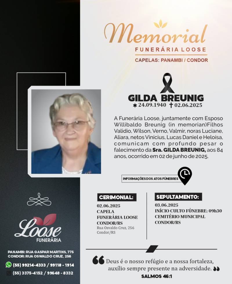 Funerária Loose comunica falecimento em Condor