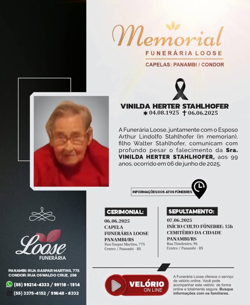 Funerária Loose comunica falecimento em Panambi