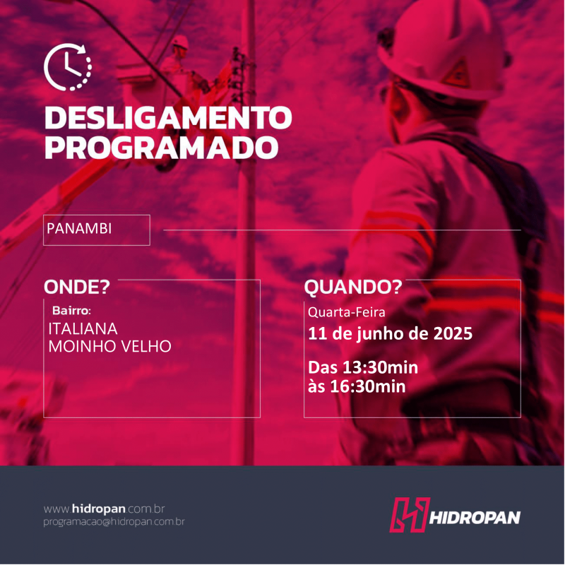 HIDROPAN - Aviso de Desligamento Programado - 11/06/25 - 13:30 / 16:30