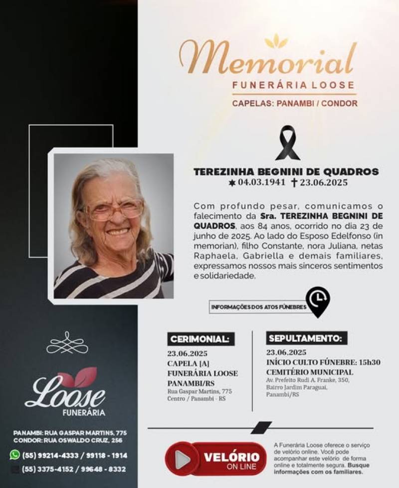 Funerária Loose comunica falecimento em Panambi