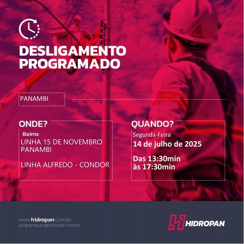 CONDOR | HIDROPAN - Aviso de Desligamento Programado - 14/07/25 - 13:30 / 17:30