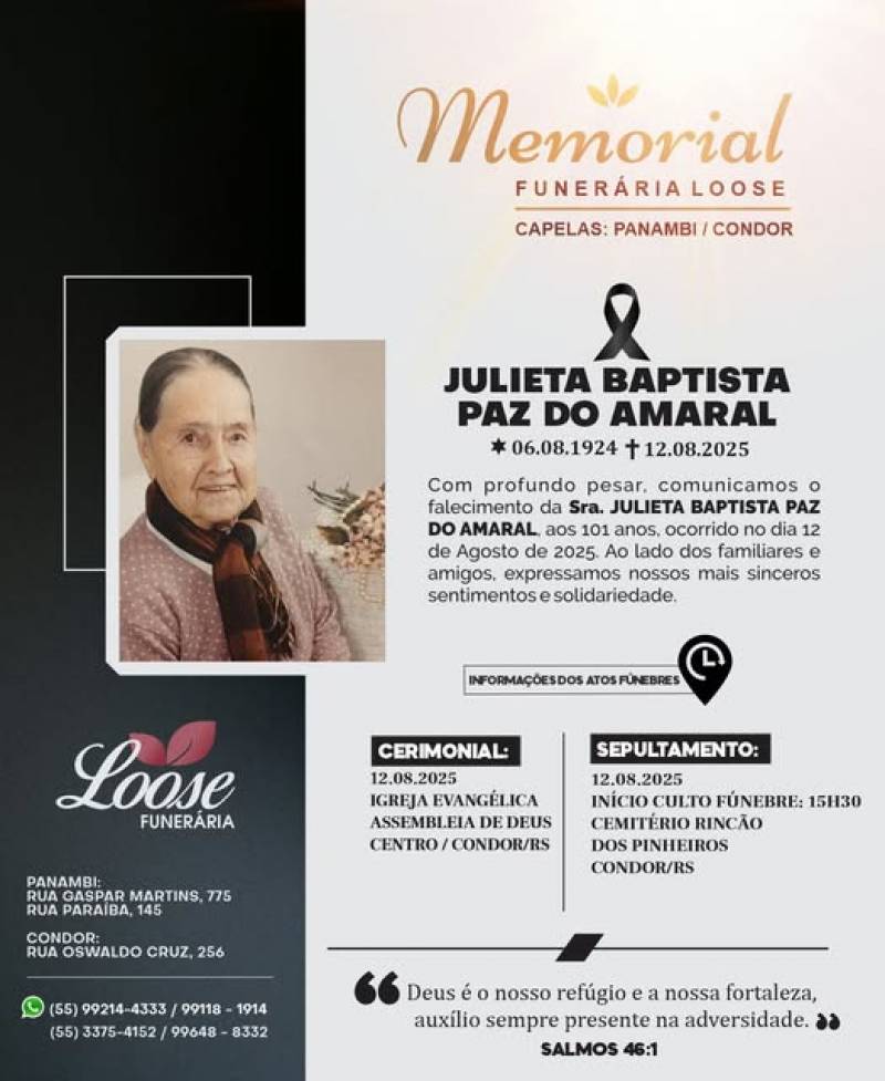 Funerária Loose comunica falecimento em Condor