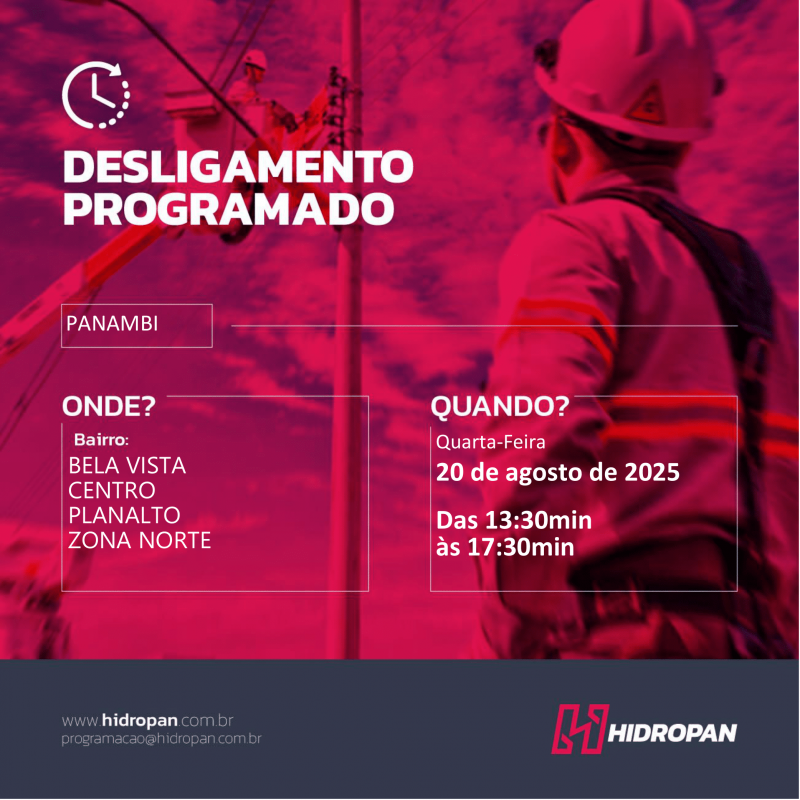 HIDROPAN - Aviso de Desligamento Programado - 20/08/25 - 13:30 / 17:30 em Panambi